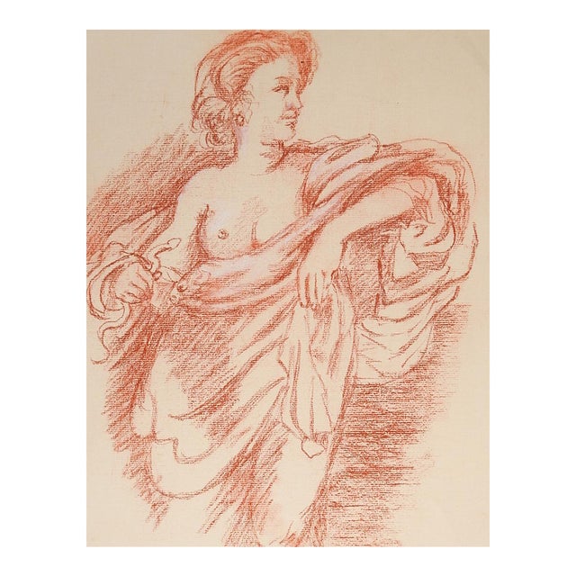 Mid 20th Century Terracotta Chalk Drawing of Semi Nude Woman For Sale