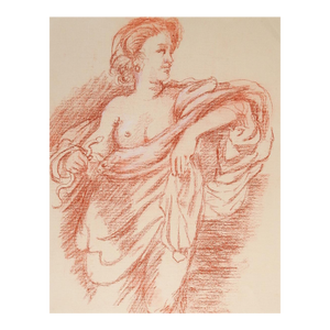 Mid 20th Century Terracotta Chalk Drawing of Semi Nude Woman