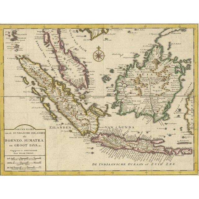 Antique map titled 'Nieuwe kaart van de Sundasche Eilanden als Borneo, Sumatra en Groot Iava & c'. Detailed map of the...