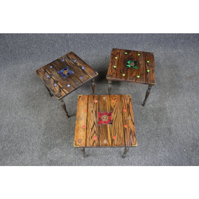 Mid-Century Modern Mid Century Oak Tile & Brass Nest of Tables - Set of 3 For Sale - Image 3 of 9
