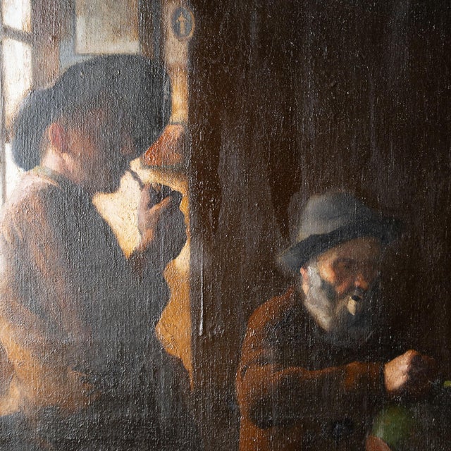 Large original oil on canvas painting of an interior scene with a hunter presenting his kill. Notice how light pouring in...