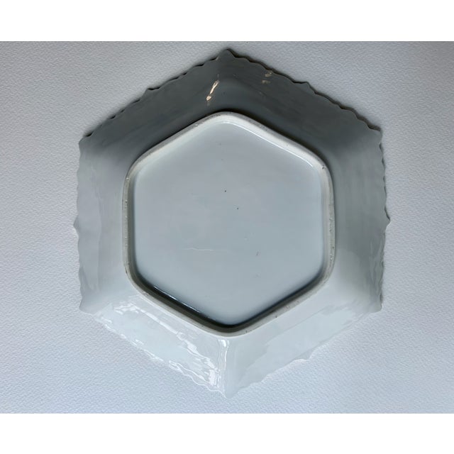 Vintage White Hexagonal Ceramic Serving Dish With Cobalt Blue & Gold Trim For Sale - Image 13 of 16