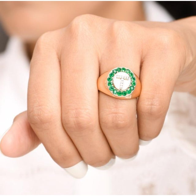 Natural 0.89 cts zambian emerald & 0.06 cts diamond T letter ring in 14k gold For Sale - Image 10 of 18