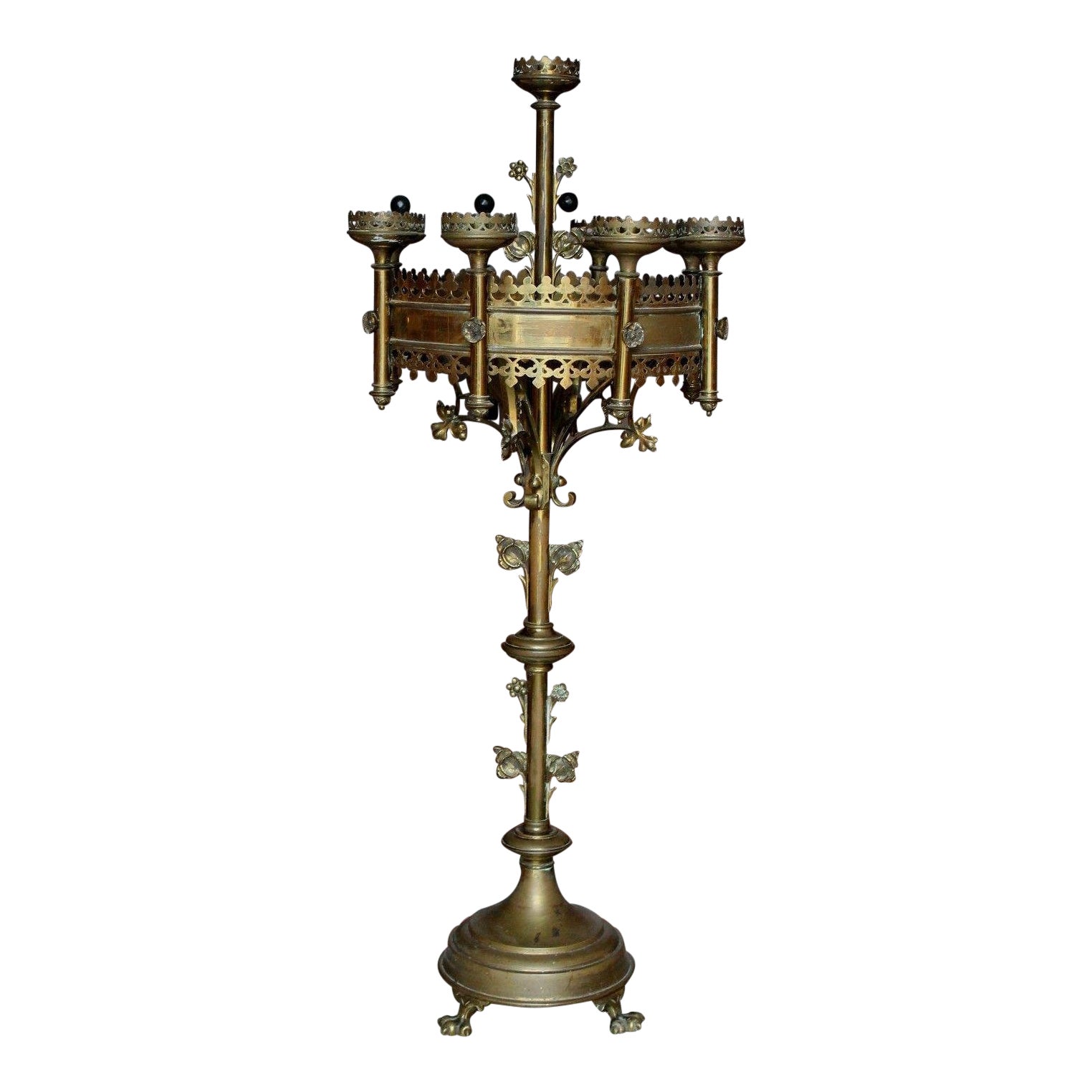 Antique French Large Brass Gothic Church Paschal Altar Candelabra