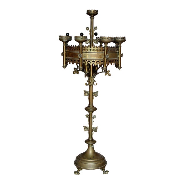 Antique French Large Brass Gothic Church Paschal Altar Candelabra