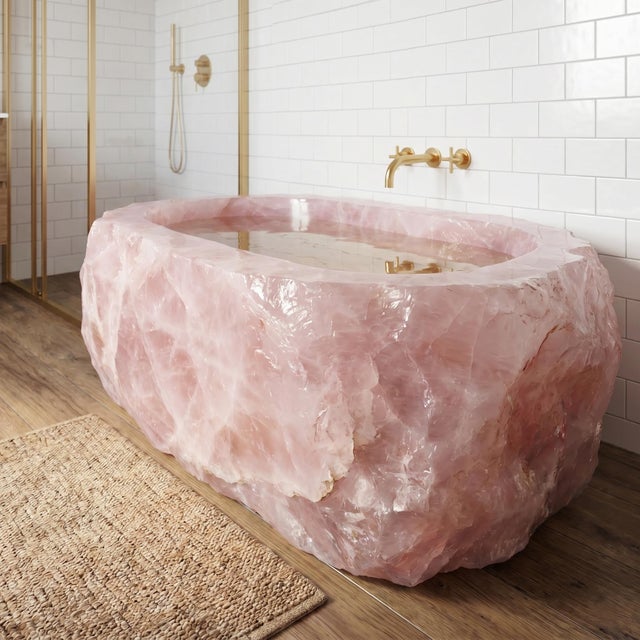 Luxury Natural Rose Quartz Freestanding Bathtub, Handcrafted Pink Crystal Stone Soaking Tub For Sale - Image 6 of 9