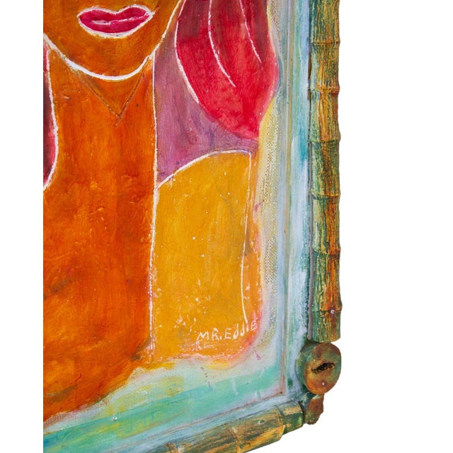 1970s Folk Art Figure by Mr. Eddie With Bamboo Frame For Sale - Image 5 of 9