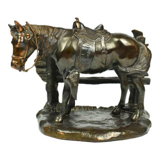 Mid 20th Century Solid Bronze Horse Standing by Fence Figurine Model For Sale