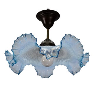 French Art Deco Blue and White Opalescent Ruffled Glass Ceiling Light, 1930s For Sale