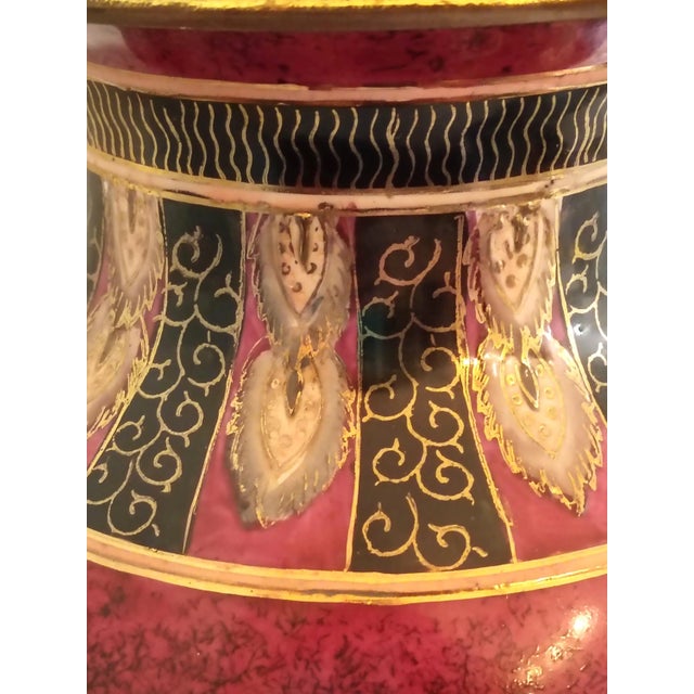 Metal 1980s Wescal Lamp Company Burgandy and Black Chinoiserie Table Lamps Set of Two W/ Imperial Pagoda Shades For Sale - Image 7 of 17