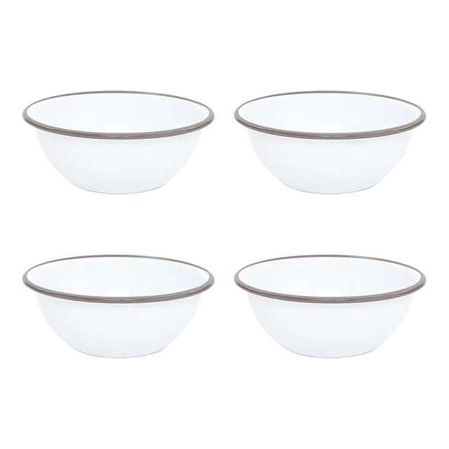 Crow Canyon Home Enamelware, Vintage 20 oz. Cereal Bowls in White with Grey Rim - Set of 4 For Sale