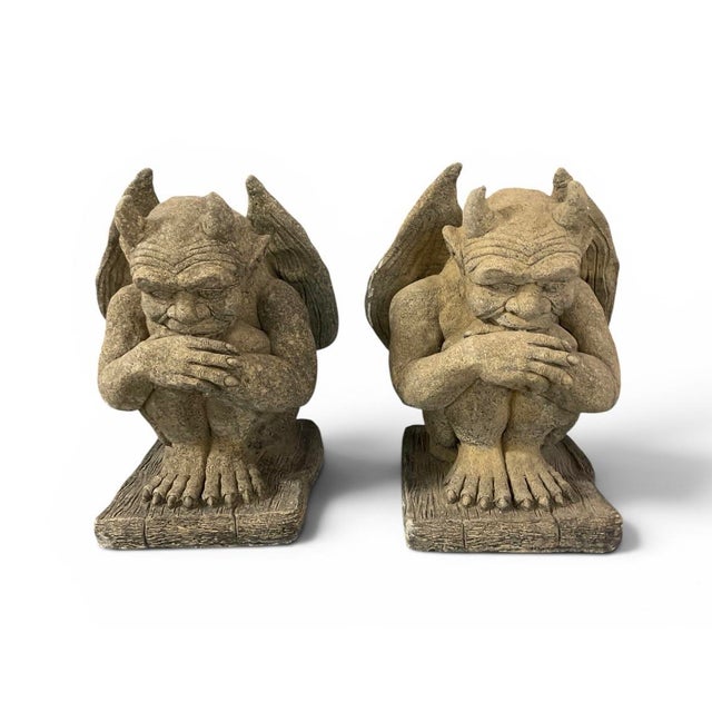 Traditional Pair of Vintage Cast Stone Winged Gargoyle Statues For Sale - Image 3 of 11