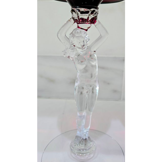 1930s Cambridge Glass Carmen Red Nude Figural Stem Compotes, Pair For Sale - Image 9 of 11