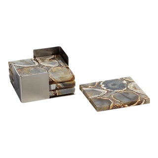 Corfu Agate Coasters on Metal Tray, Taupe & Brown, 5 Pieces For Sale