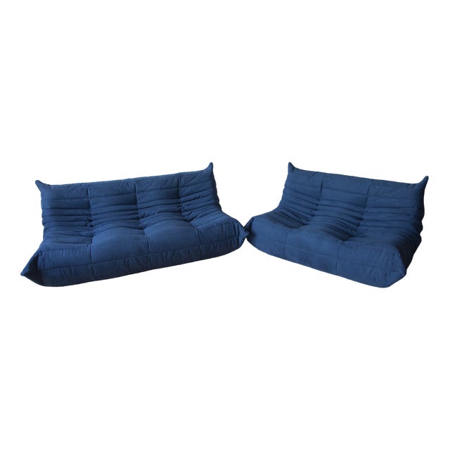 Set of Blue Microfiber Togo 2- and 3-Seat Sofa by Michel Ducaroy for Ligne Roset For Sale