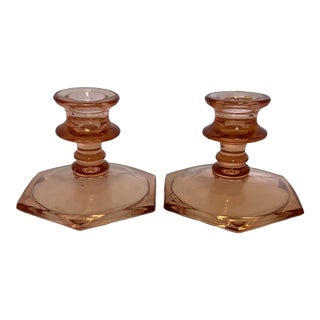 1940s Depression Era Indiana Glass Co Art Deco Pink Pressed Glass Candleholders - a Pair. For Sale