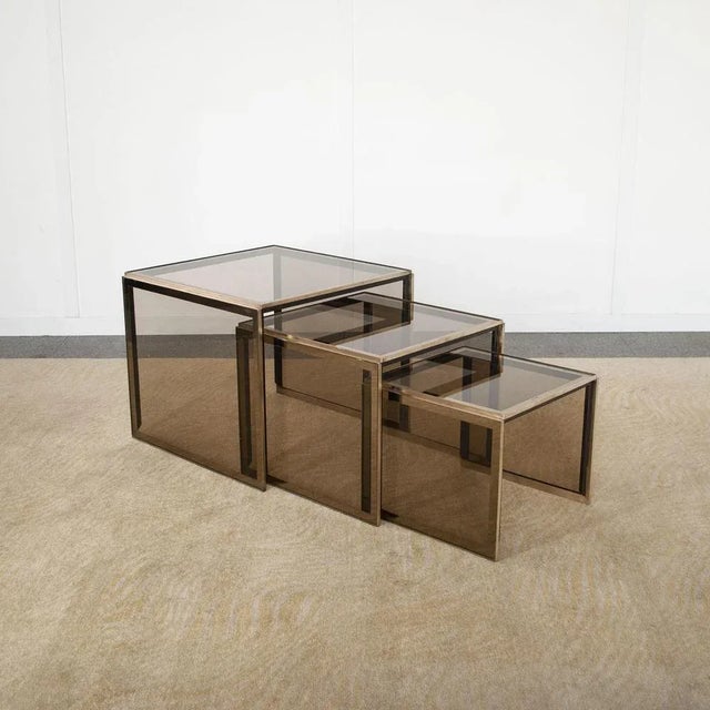 1970s Nesting Tables in ​​Brass and Smoked Glass by Renato Zevi, 1960s-1970s, Set of 3 For Sale - Image 5 of 6