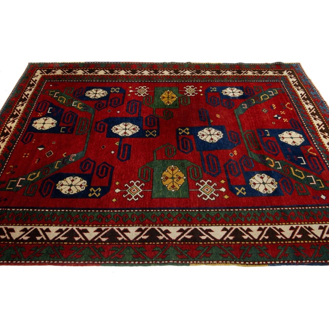 1910s Vintage Caucasian Kazak Handmade Wool Rug in Red With Geometric Design For Sale - Image 5 of 9