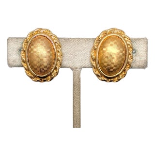 Vintage 1980s Signed Monet Oval Goldtone Checkered Clip Earrings-2 Pieces For Sale