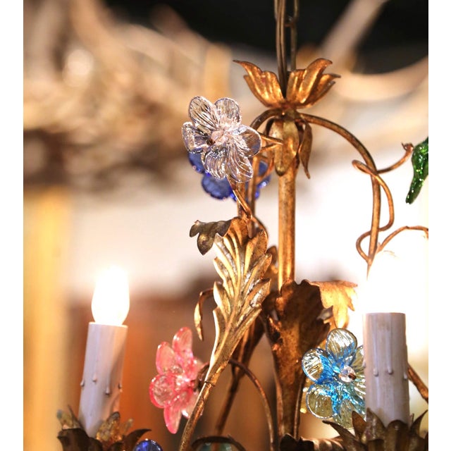 Early 20th Century French Gilt Tole Three-Light Chandelier With Glass Flowers For Sale - Image 9 of 10