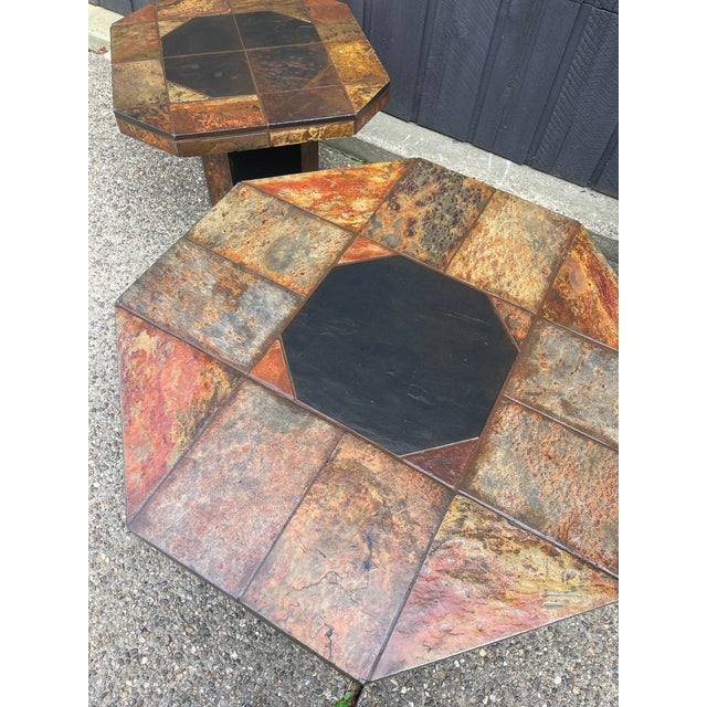 Complete set (coffee table and 2 side tables) of 1960s Brutalist tables in the style of Paul Kingma. Octagonal tops...