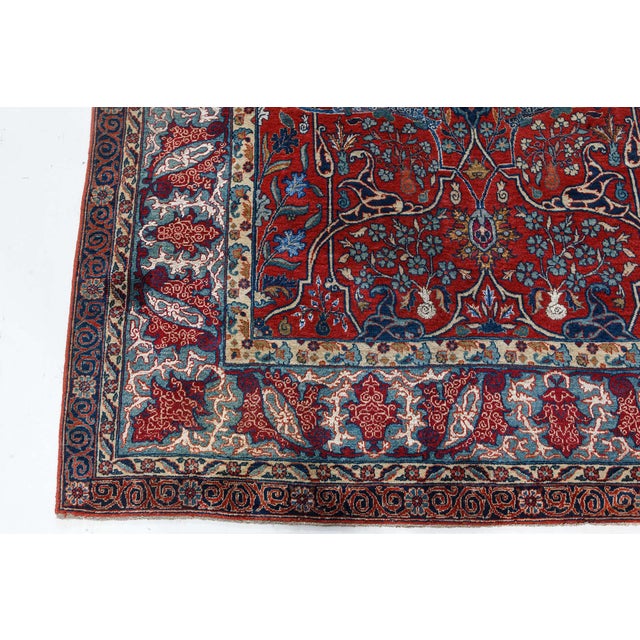 Red One-of-a-Kind Antique Persian Tehran Botanic Red, Blue Handmade Wool Rug For Sale - Image 8 of 9