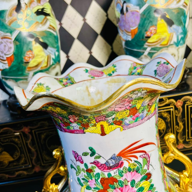 1970s Tall Floor Rose Medallion Porcelain Chinoiserie Vase 36", Scroll Handles For Sale - Image 5 of 11