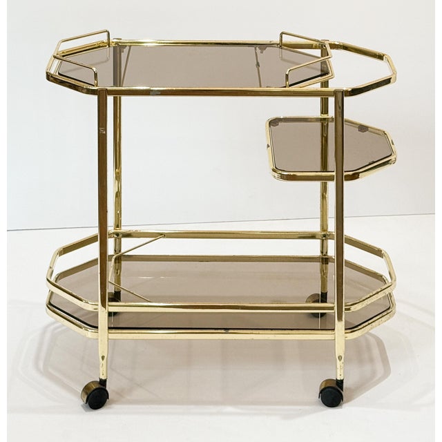 Mid 20th Century Italian Modern Rolling Drinks Cart or Console Trolley of Brass and Smoked Glass For Sale - Image 4 of 14