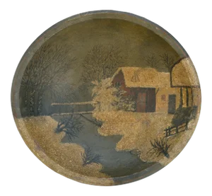 Unknown Folk Art Winter Cabin Painted Bread Bowl Late 19th Century