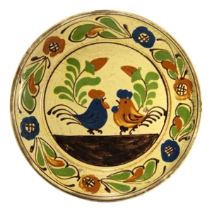 1930-40's Mexican Tlaquepaque Tonala Pottery Plate With Roosters
