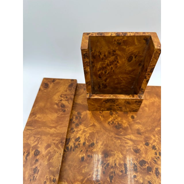 Beautiful vintage burlwood desk mat and penholder. This wonderful desk accessory pair is made from lacquered burlwood....