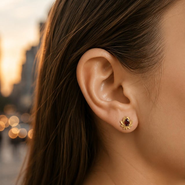 Pear-Cut Garnet Lutus Flower Earrings Studs, Silver, Gold, Pair For Sale - Image 6 of 6