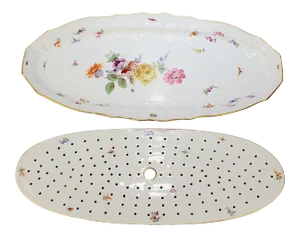 Antique Meissen Porcelain Neu Brandenstein Fish Platter & Strainer Insert - A Pair
