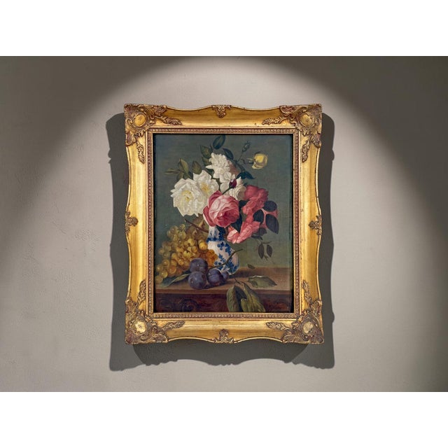 Still Life with Roses and Fruits, 1950s, Oil Painting on Canvas, Framed For Sale - Image 14 of 18