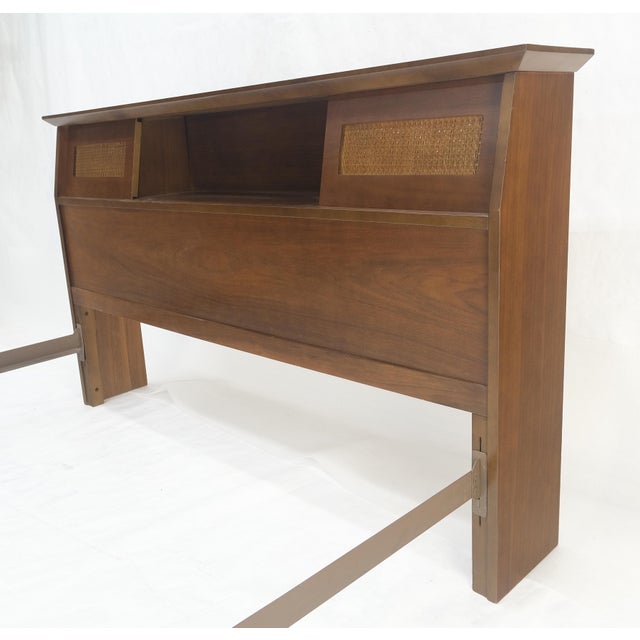 Walnut Storage Compartment Wedge Shape Headboard Queen Size Bed w/ Rails For Sale - Image 6 of 12