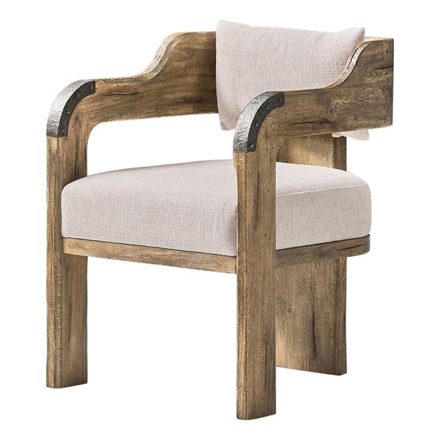 Contemporary Rustic Wood Armchair with Upholstered Seat For Sale