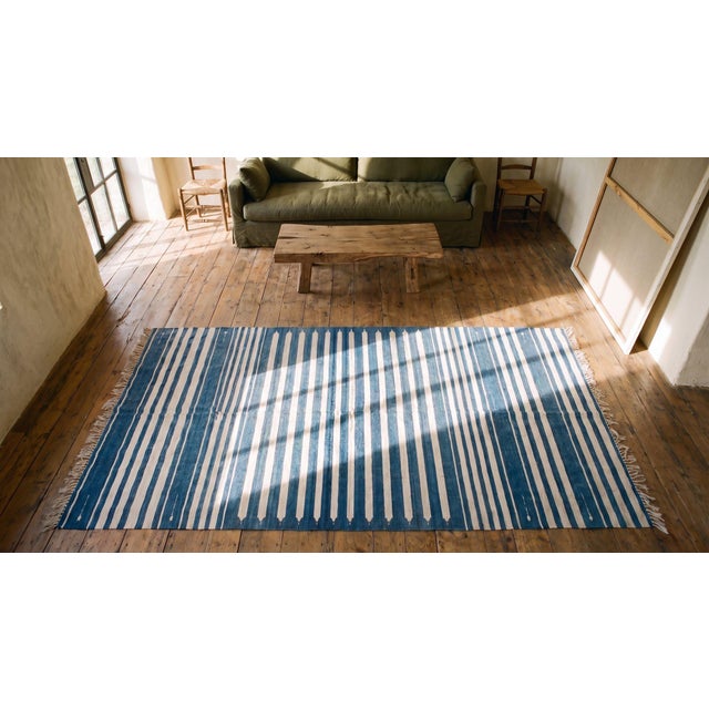 1930s Blue White Stripe Antique Indian Dhurrie Rug 7'9"x15'8" Flatweave Cotton Carpet For Sale - Image 9 of 9