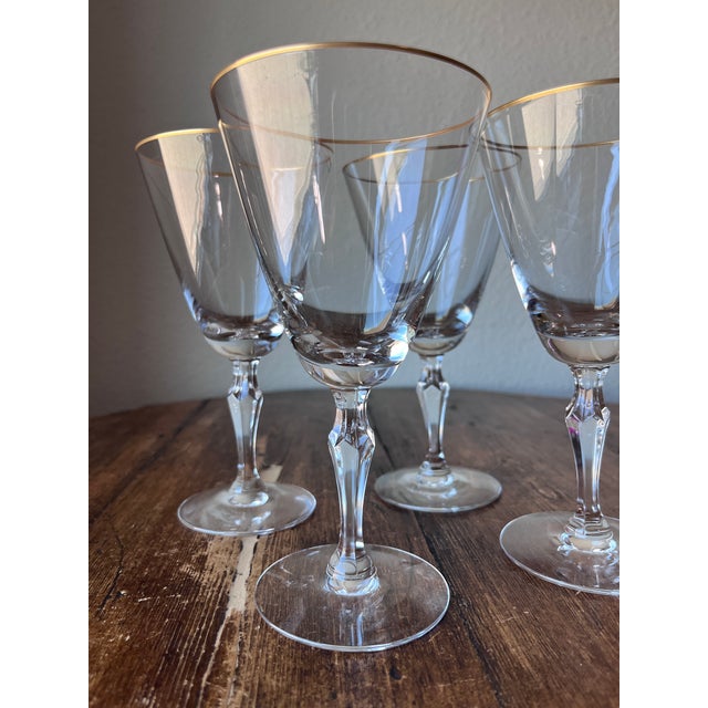 Contemporary Mid 20th Century Fostoria Aurora Pattern Stem 6092, Gold Rim Water Goblets - Set of 4 For Sale - Image 3 of 5