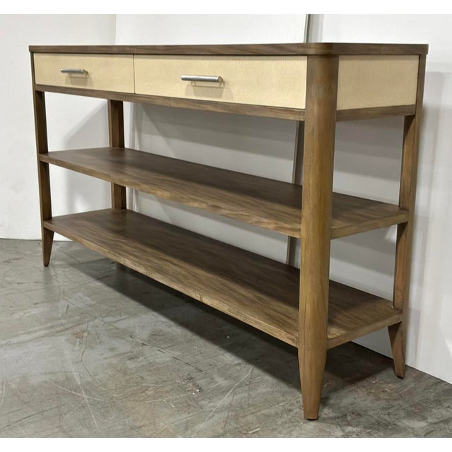 Original retail $3940, stylish Theodore Alexander Modern Cream Shagreen Laszio Console Table, warm walnut finished wood...