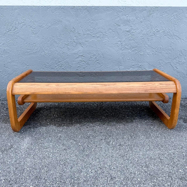 Mid-Century Modern Mid Century Modern Lou Hodges Oak Smoked Glass Coffee Table For Sale - Image 3 of 9