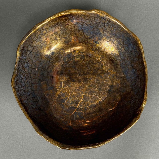 Ceramic Vintage 1992 Waight Studio Art Pottery Bowl Gold Indigo Lava Glaze For Sale - Image 7 of 12