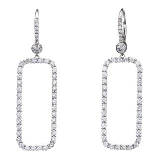 Mid 20th Century 4ct Diamond Drop Earrings 18k White Gold Large Square - 2 Pieces For Sale