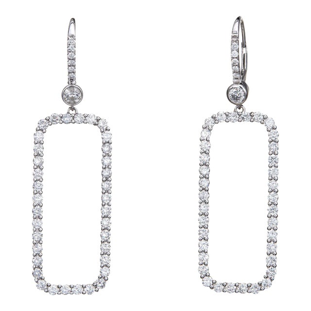 Mid 20th Century 4ct Diamond Drop Earrings 18k White Gold Large Square - 2 Pieces For Sale