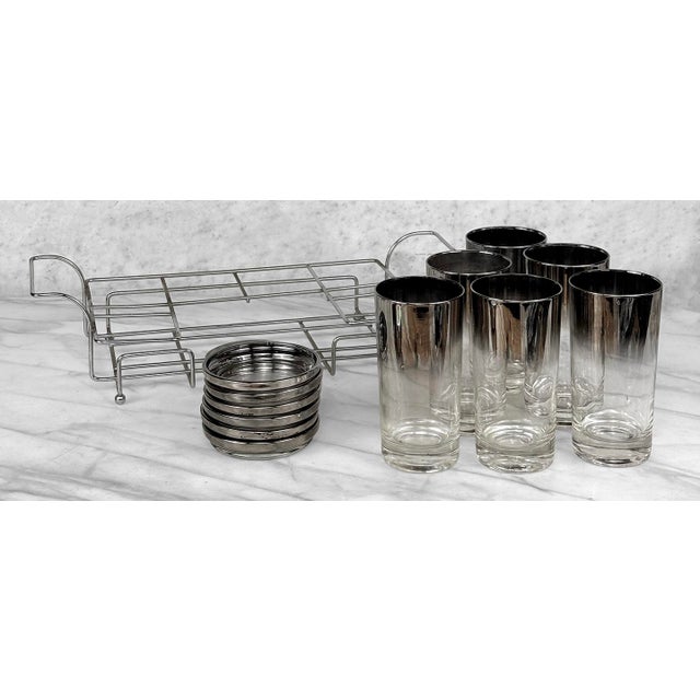 1980s Mid-Century Chrome Silver Fade Tall Liquor Glass & Coaster Bar Serving Set - 13 pcs For Sale - Image 6 of 13