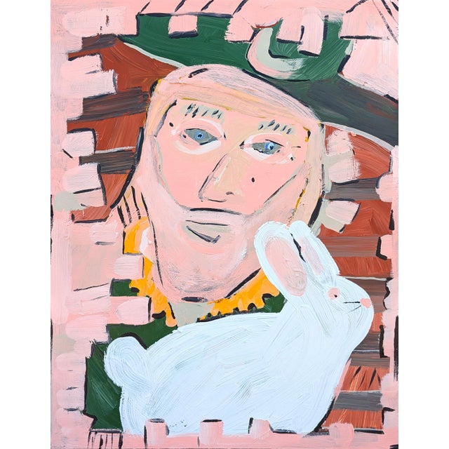 Matthew Reeves "Just a Rabbit" Contemporary Pink, Green, & Yellow Figurative Portrait Painting, 2025 For Sale