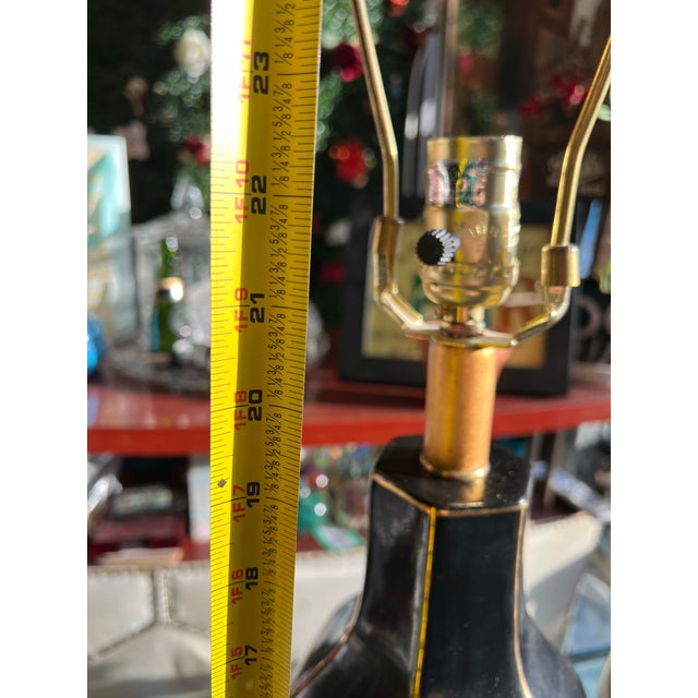 Textile 1970s Mid-Century Modern Black Ceramic Table Lamps With Gold Accents and Shades Included - a Pair For Sale - Image 7 of 8