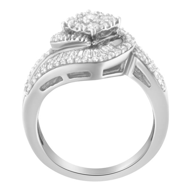 14K White Gold 1.0 Cttw Baguette & Brilliant-Cut Diamond Round Floral Cluster Engagement or Fashion Ring with Swirl Wrapped Triple Row Band Size 6.75 For Sale - Image 4 of 7