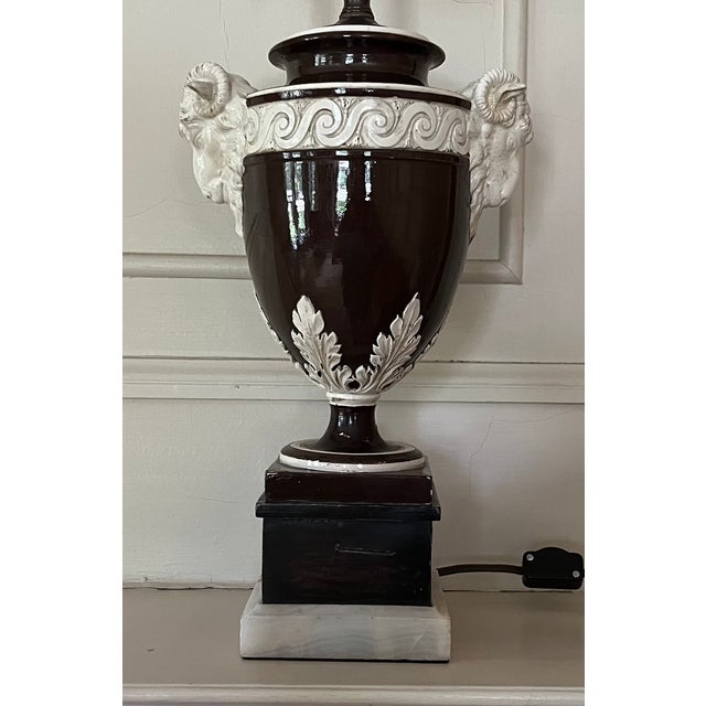 Neoclassical Fine Antique 19th Century Italian Creamware Urn With Goat Mask Handles Mounted as a Table Lamp For Sale - Image 3 of 15