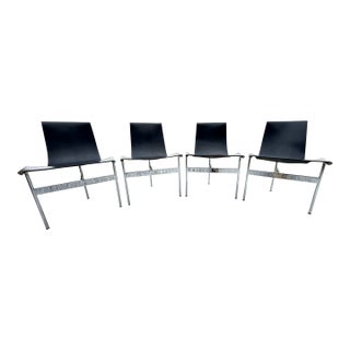 Set of 4, 1950's Katavolos T-Chairs, Chrome and Black Leather Sling Chair For Sale