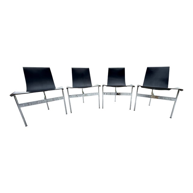 Set of 4, 1950's Katavolos T-Chairs, Chrome and Black Leather Sling Chair For Sale
